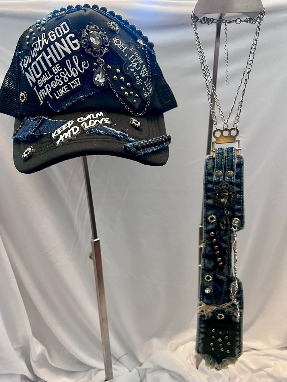 Embellished Black Denim Patch Trucker Hat with Studs & matching tie.